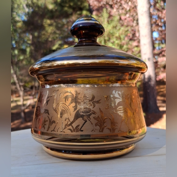 Czech Bohemian Other - Vintage MCM Czech Bohemian Dark Amber Glass & Gold Cranes Covered Candy Dish